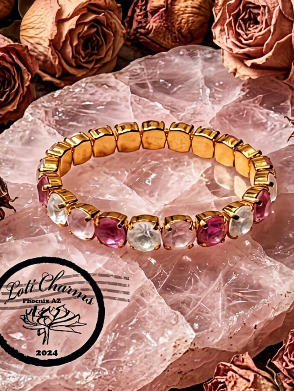 Pink Strawberry Shortcake Premium Crystals On Stretchy Bracelet Gold Plated